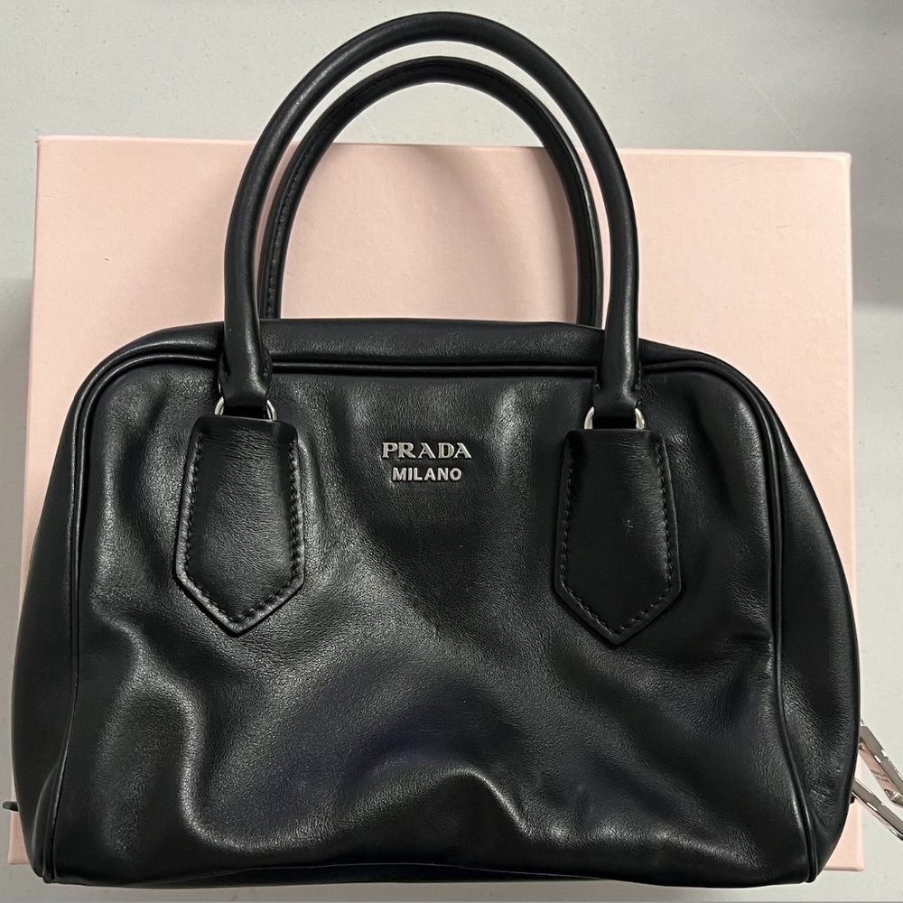 Prada Black Bauletto Saffiano Leather Bag with Soft Pink Calf Leather Interior - Picture 1 of 6